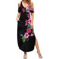 Hawaiian Hibiscus and Art Polynesian Tattoo Family Matching Summer Maxi Dress and Hawaiian Shirt Black Color