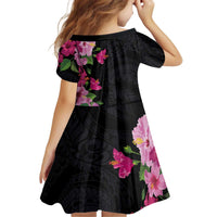 Hawaiian Hibiscus and Art Polynesian Tattoo Kid Short Sleeve Dress Black Color LT03 - Polynesian Pride