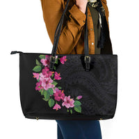 Hawaiian Hibiscus and Art Polynesian Tattoo Leather Tote Bag Black Color