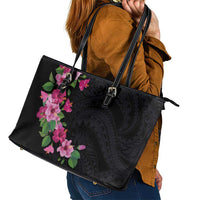 Hawaiian Hibiscus and Art Polynesian Tattoo Leather Tote Bag Black Color