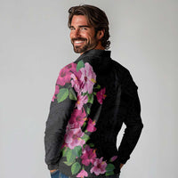 Hawaiian Hibiscus and Art Polynesian Tattoo Long Sleeve Polo Shirt Black Color