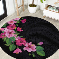 Hawaiian Hibiscus and Art Polynesian Tattoo Round Carpet Black Color