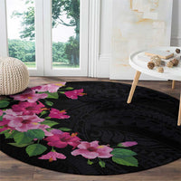 Hawaiian Hibiscus and Art Polynesian Tattoo Round Carpet Black Color