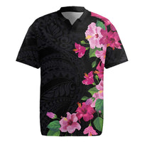 Hawaiian Hibiscus and Art Polynesian Tattoo Rugby Jersey Black Color