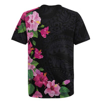 Hawaiian Hibiscus and Art Polynesian Tattoo Rugby Jersey Black Color