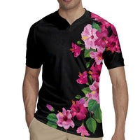 Hawaiian Hibiscus and Art Polynesian Tattoo Rugby Jersey Black Color