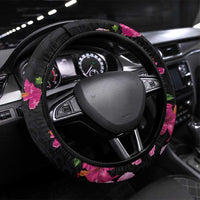 Hawaiian Hibiscus and Art Polynesian Tattoo Steering Wheel Cover Black Color