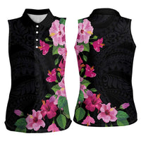 Hawaiian Hibiscus and Art Polynesian Tattoo Women Sleeveless Polo Shirt Black Color