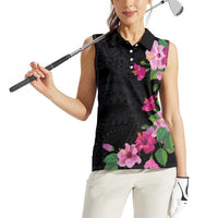 Hawaiian Hibiscus and Art Polynesian Tattoo Women Sleeveless Polo Shirt Black Color