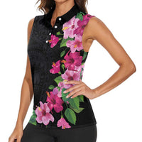 Hawaiian Hibiscus and Art Polynesian Tattoo Women Sleeveless Polo Shirt Black Color