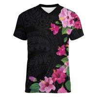 Hawaiian Hibiscus and Art Polynesian Tattoo Women V-Neck T-Shirt Black Color