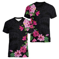Hawaiian Hibiscus and Art Polynesian Tattoo Women V-Neck T-Shirt Black Color