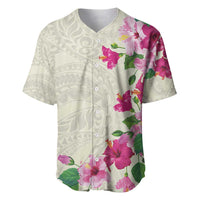 Hawaiian Hibiscus and Art Polynesian Tattoo Baseball Jersey Beige Color