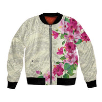Hawaiian Hibiscus and Art Polynesian Tattoo Bomber Jacket Beige Color
