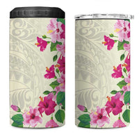 Hawaiian Hibiscus and Art Polynesian Tattoo 4 in 1 Can Cooler Tumbler Beige Color