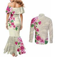 Hawaiian Hibiscus and Art Polynesian Tattoo Couples Matching Mermaid Dress and Long Sleeve Button Shirt Beige Color LT03 - Polynesian Pride
