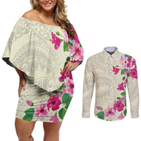 Hawaiian Hibiscus and Art Polynesian Tattoo Couples Matching Off Shoulder Short Dress and Long Sleeve Button Shirt Beige Color LT03 Beige - Polynesian Pride