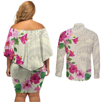 Hawaiian Hibiscus and Art Polynesian Tattoo Couples Matching Off Shoulder Short Dress and Long Sleeve Button Shirt Beige Color LT03 - Polynesian Pride
