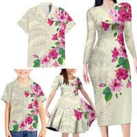 Hawaiian Hibiscus and Art Polynesian Tattoo Family Matching Long Sleeve Bodycon Dress and Hawaiian Shirt Beige Color