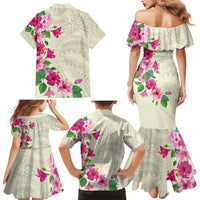 Hawaiian Hibiscus and Art Polynesian Tattoo Family Matching Mermaid Dress and Hawaiian Shirt Beige Color