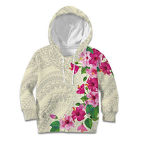 Hawaiian Hibiscus and Art Polynesian Tattoo Kid Hoodie Beige Color