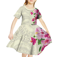 Hawaiian Hibiscus and Art Polynesian Tattoo Kid Short Sleeve Dress Beige Color LT03 - Polynesian Pride