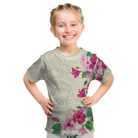 Hawaiian Hibiscus and Art Polynesian Tattoo Kid T Shirt Beige Color