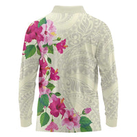 Hawaiian Hibiscus and Art Polynesian Tattoo Long Sleeve Polo Shirt Beige Color