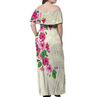 Hawaiian Hibiscus and Art Polynesian Tattoo Off Shoulder Maxi Dress Beige Color LT03 - Polynesian Pride