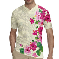 Hawaiian Hibiscus and Art Polynesian Tattoo Rugby Jersey Beige Color