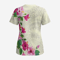 Hawaiian Hibiscus and Art Polynesian Tattoo Scrub Top Beige Color - Polynesian Pride