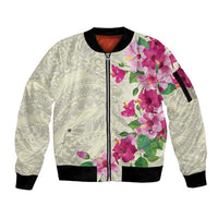 Hawaiian Hibiscus and Art Polynesian Tattoo Sleeve Zip Bomber Jacket Beige Color