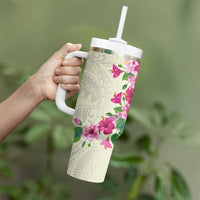 Hawaiian Hibiscus and Art Polynesian Tattoo Tumbler With Handle Beige Color LT03 - Polynesian Pride