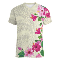 Hawaiian Hibiscus and Art Polynesian Tattoo Women V-Neck T-Shirt Beige Color
