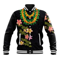 Hawaiian Lei Plumeria and Tropical Leaves Baseball Jacket Watercolor Style LT03 Unisex Black - Polynesian Pride