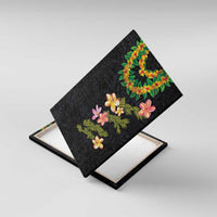 Hawaiian Lei Plumeria and Tropical Leaves Canvas Wall Art Watercolor Style LT03 With Frame Black - Polynesian Pride