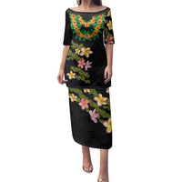 Hawaiian Lei Plumeria and Tropical Leaves Family Matching Puletasi and Hawaiian Shirt Watercolor Style