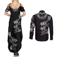 Hawaiian Lei Plumeria and Tropical Leaves Couples Matching Summer Maxi Dress and Long Sleeve Button Shirt Watercolor Style-Grayscale
