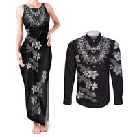 Hawaiian Lei Plumeria and Tropical Leaves Couples Matching Tank Maxi Dress and Long Sleeve Button Shirt Watercolor Style-Grayscale