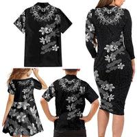 Hawaiian Lei Plumeria and Tropical Leaves Family Matching Long Sleeve Bodycon Dress and Hawaiian Shirt Watercolor Style-Grayscale