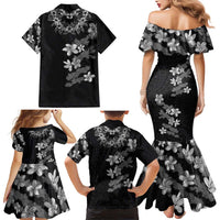 Hawaiian Lei Plumeria and Tropical Leaves Family Matching Mermaid Dress and Hawaiian Shirt Watercolor Style-Grayscale