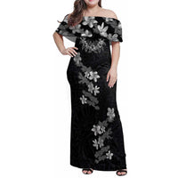 Hawaiian Lei Plumeria and Tropical Leaves Family Matching Off Shoulder Maxi Dress and Hawaiian Shirt Watercolor Style-Grayscale