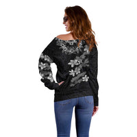 Hawaiian Lei Plumeria and Tropical Leaves Off Shoulder Sweater Watercolor Style-Grayscale