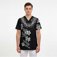 Hawaiian Lei Plumeria and Tropical Leaves Scrub Top Watercolor Style-Grayscale - Polynesian Pride