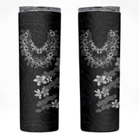 Hawaiian Lei Plumeria and Tropical Leaves Skinny Tumbler Watercolor Style-Grayscale
