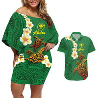 Hawaii Turtle Plumeria Flower Couples Matching Off Shoulder Short Dress and Hawaiian Shirt Polynesian Pattern Green Color LT03 Green - Polynesian Pride