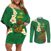 Hawaii Turtle Plumeria Flower Couples Matching Off Shoulder Short Dress and Long Sleeve Button Shirt Polynesian Pattern Green Color LT03 Green - Polynesian Pride