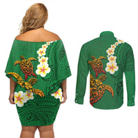 Hawaii Turtle Plumeria Flower Couples Matching Off Shoulder Short Dress and Long Sleeve Button Shirt Polynesian Pattern Green Color LT03 - Polynesian Pride