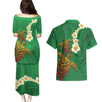 Hawaii Turtle Plumeria Flower Couples Matching Puletasi and Hawaiian Shirt Polynesian Pattern Green Color LT03 - Polynesian Pride