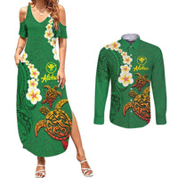Hawaii Turtle Plumeria Flower Couples Matching Summer Maxi Dress and Long Sleeve Button Shirt Polynesian Pattern Green Color LT03 Green - Polynesian Pride